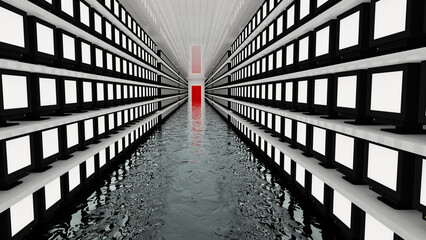 Corridor with Many White Monitors Liminal Space