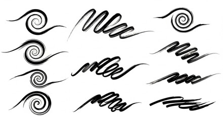 Obraz premium Collection of black ink brush strokes and swirls.
