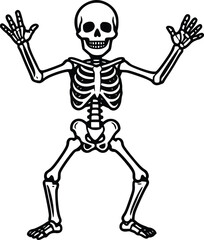 Fototapeta premium Funny Cartoon Skeleton Waving Hands, Vector Illustration for Halloween, Medical, Education, and Fun Graphic Design. Isolated Black and White Line Art for Commercial Use.