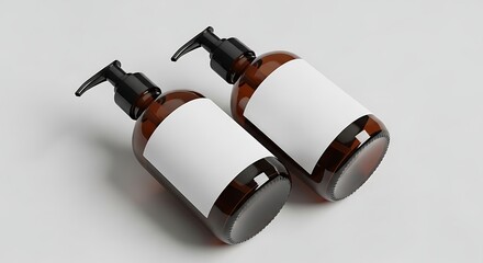 Two amber-colored bottles with white labels and black pump dispensers on a white background