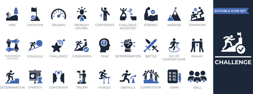 Challenge icon set for goal achievement, motivation, exam, mission, struggle, success, business obstacle, and leadership growth. Solid icon collection.