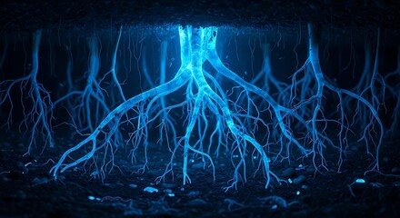 Fototapeta premium Glowing blue roots spreading underground in dark soil
