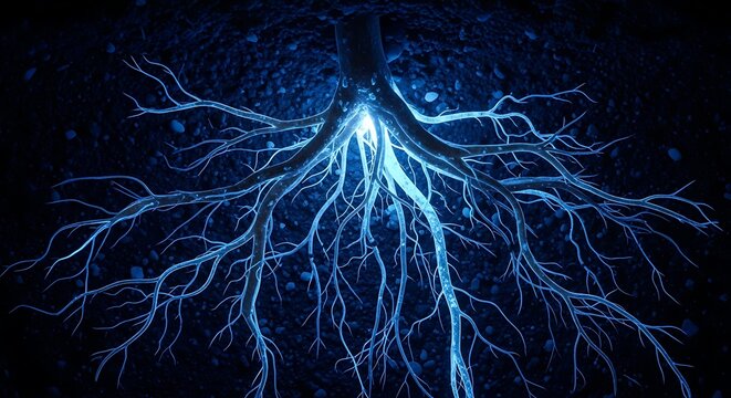 Glowing tree roots in dark soil with blue light