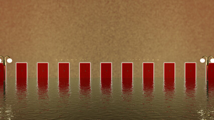 Flooded Room with Many Red Doors Liminal Space