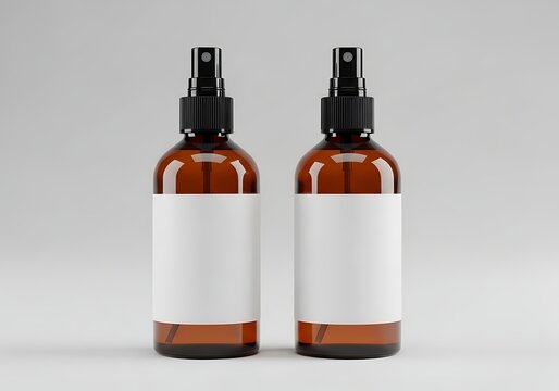 Two amber glass spray bottles with black triggers and white labels on a plain background.