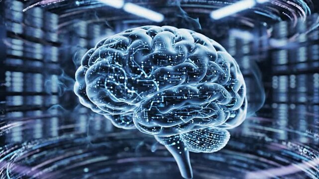 A glowing digital brain with intricate circuits symbolizes advanced artificial