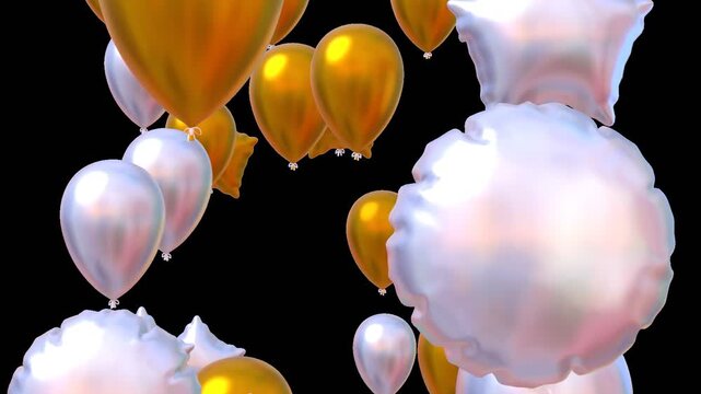 3d animation of golden and white balloons flying upwards, birthday or anniversary celebration concept. Video with alpha channel