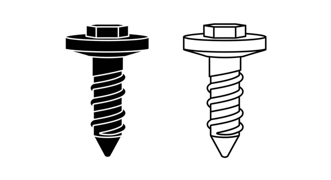 Two black and white screws with different thread patterns and pointed tips on white background Vector