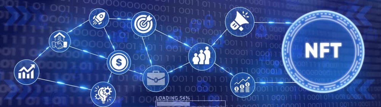 Digital network connecting business icons on blue binary code background with loading bar motion