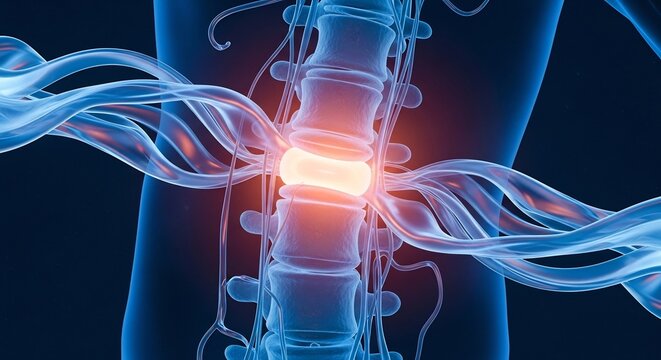 human lumbar spine with painful glowing intervertebral disc and nerve inflammation
