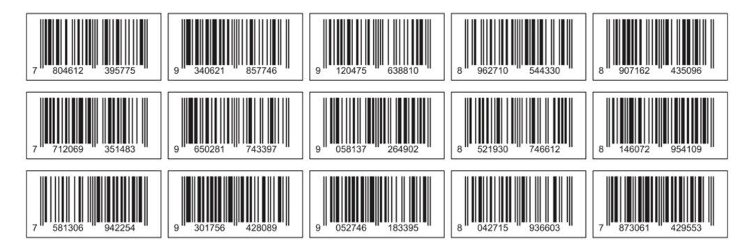 Set of bar code labels with numbers. Collection of rectangular retail barcode tags for product packaging and inventory.