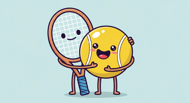 Tennis Racket and Ball Hugging on Blue Background
