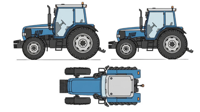 Technical drawing of a tractor vehicle autocad blueprint showcasing side, front, and top views in a detailed illustration