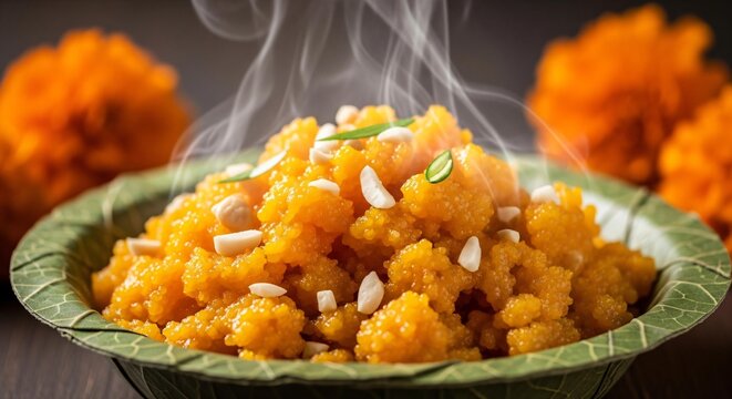 Vaisakhi Kada Prasad Sweet Flour Pudding on Leaf with Rising Steam