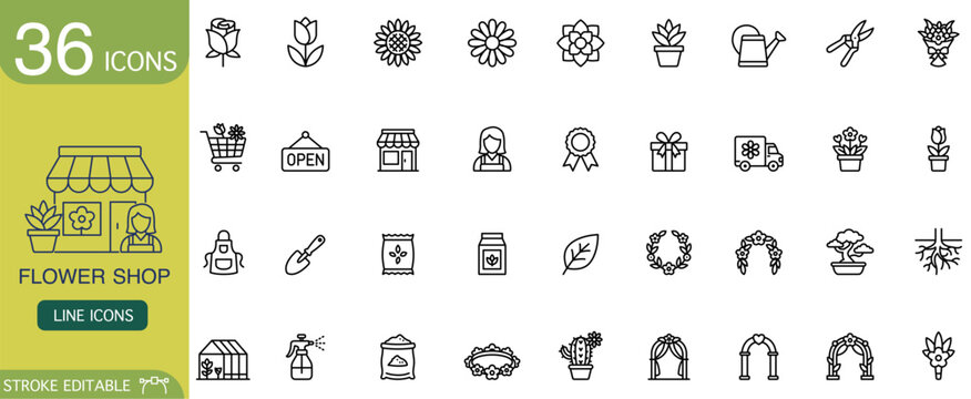 Flower shop icon line outline vector florist botanical set with bouquet plant rose tulip sunflower daisy, delivery truck, watering can, scissor, storefront, wreath