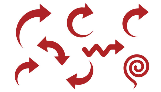 Collection of various red arrows pointing in different directions and forming diverse shapes on a white background