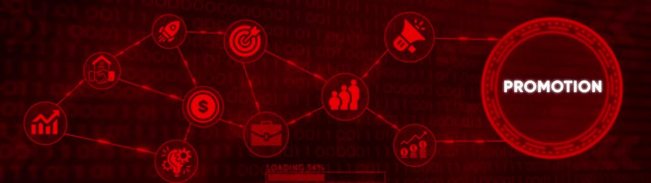 Abstract digital business network animation with glowing red icons and binary code background showing loading progress bar