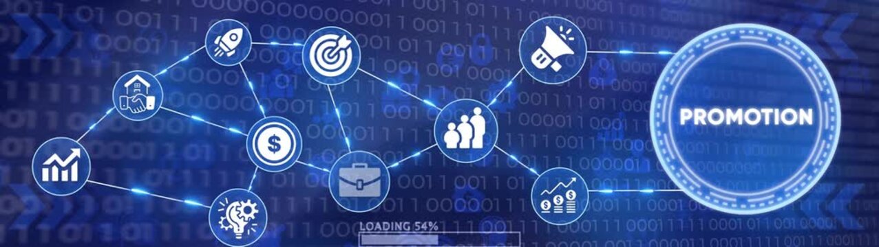 Animation of global business network icons connecting with loading bar on digital blue background with binary code