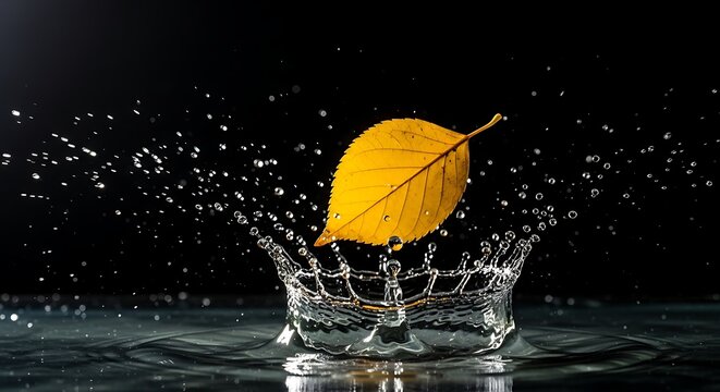 A yellow leaf splashing into dark water with droplets flying everywhere