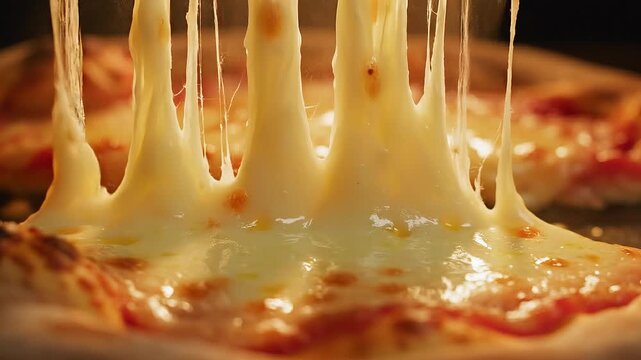 Mouthwatering Close-up of Hot Pizza with Golden Melted Mozzarella Cheese Stretching, Highlighting Gooey, Delicious Texture