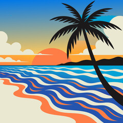 Fototapeta premium Tropical beach sunset with palm tree and wavy ocean, a vibrant summer vacation illustration