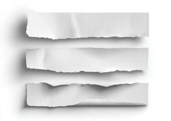 Three strips of torn white paper with textured surfaces and irregular edges