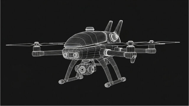 Detailed vehicle autocad blueprint of a drone's technical structure and mechanical components illustrated from a front viewpoint