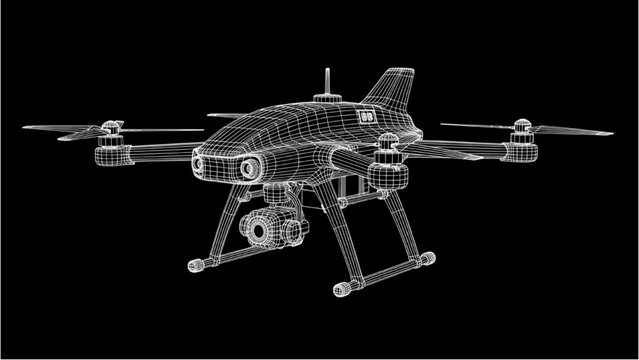 Detailed vehicle autocad blueprint of a drone with mechanical parts and structural components in a wireframe model