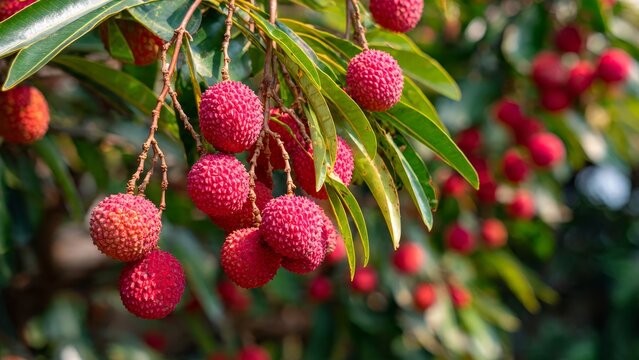 Cluster of ripe pink lychees hanging on a tree branch with green leaves