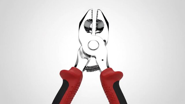Close up of a metal plier tool against a bright white background