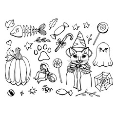Whimsical hand-drawn Halloween clipart set featuring a cat in a witch hat, pumpkin, ghost, and spooky treats. Black and white doodle illustrations perfect for festive coloring and decor.