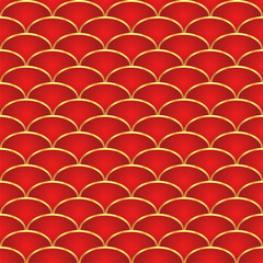 Traditional chinese fish scale seamless pattern. Red golden asian sea wave luxury ornament. Oriental, japanese background. Eastern vector motif. Template for cards, banner, poster and calendar. © Quarta