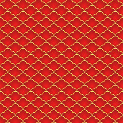 Traditional chinese fish scale seamless pattern. Red golden asian sea wave luxury ornament. Oriental, japanese background. Eastern vector motif. Template for cards, banner, poster and calendar. © Quarta