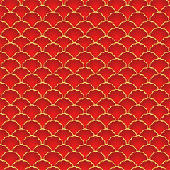 Traditional chinese fish scale seamless pattern. Red golden asian sea wave luxury ornament. Oriental, japanese background. Eastern vector motif. Template for cards, banner, poster and calendar. © Quarta