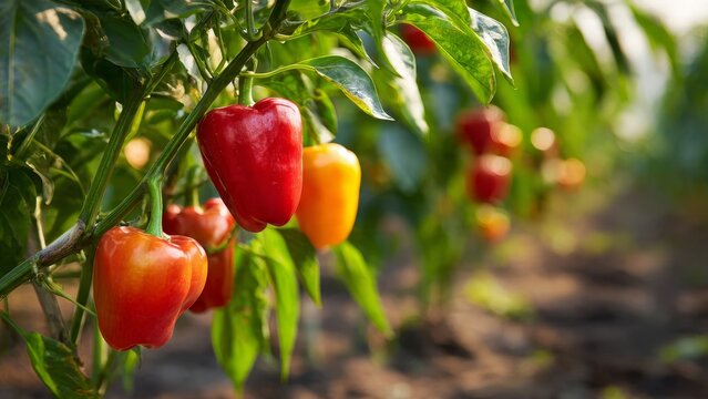 Red and yellow bell peppers growing on plant in sunny garden