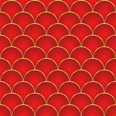 Traditional chinese fish scale seamless pattern. Red golden asian sea wave luxury ornament. Oriental, japanese background. Eastern vector motif. Template for cards, banner, poster and calendar. © Quarta