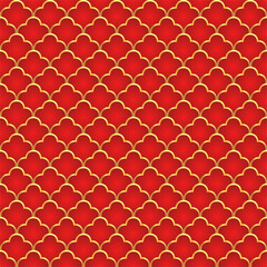Traditional chinese fish scale seamless pattern. Red golden asian sea wave luxury ornament. Oriental, japanese background. Eastern vector motif. Template for cards, banner, poster and calendar. © Quarta