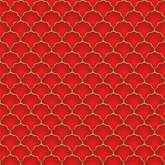 Traditional chinese fish scale seamless pattern. Red golden asian sea wave luxury ornament. Oriental, japanese background. Eastern vector motif. Template for cards, banner, poster and calendar. © Quarta