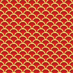 Traditional chinese fish scale seamless pattern. Red golden asian sea wave luxury ornament. Oriental, japanese background. Eastern vector motif. Template for cards, banner, poster and calendar. © Quarta