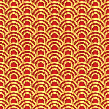 Traditional chinese fish scale seamless pattern. Red golden asian sea wave luxury ornament. Oriental, japanese background. Eastern vector motif. Template for cards, banner, poster and calendar.