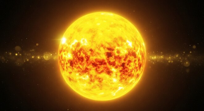 Fiery Sun Stellar Nucleosynthesis in Cosmic Fireball Against Starfield.