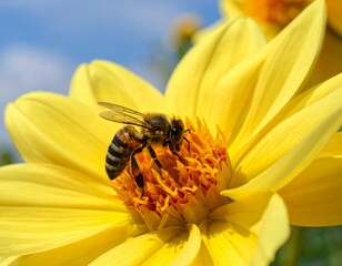 Close-up of a bee pollinating a vibrant yellow flower with orange center, set against a bright blue sky