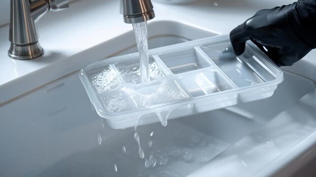 Hand washing plastic ice cube tray under running tap water in kitchen sink.