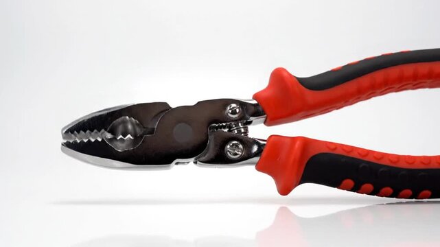 Close up of a pliers tool with red and black handles on white