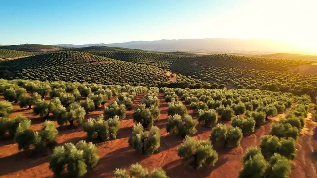 Vast olive grove landscape with rows of trees under a golden sunset