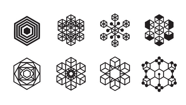 Sacred geometry snowflake pattern set for mathematical art projects, geometric design education, winter themed graphics, tessellation studies, and symmetrical illustration teaching resources