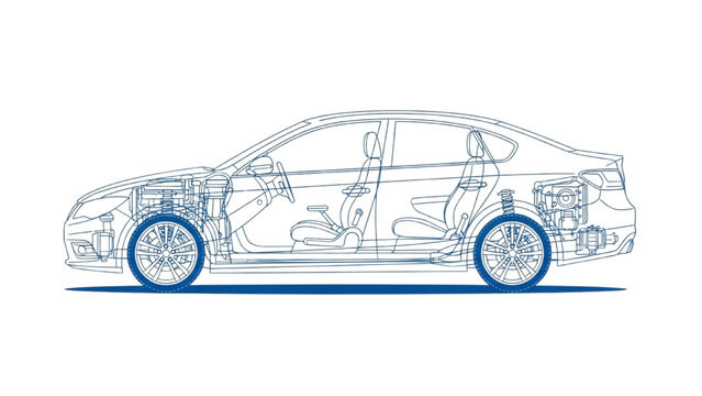 Detailed vehicle autocad blueprint illustration of a car side view showcasing interior and exterior design elements