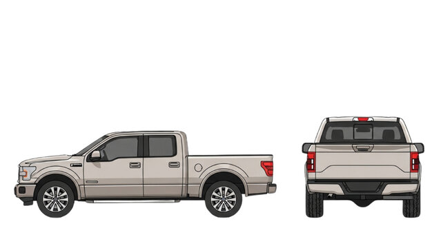 Detailed vehicle autocad blueprint of a pickup truck viewed from side and rear on a clean background