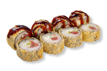 Crunchy breaded sushi roll with tuna rice and nori topped with glossy sauce isolated on white background studio shot
