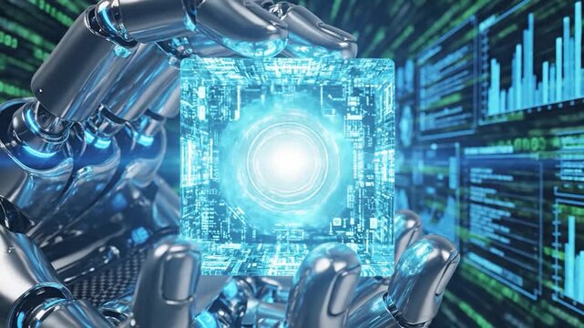 A futuristic robotic hand holds a glowing digital data cube against a binary